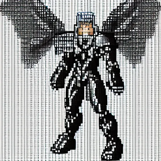 Prompt: an angel, super nintendo game sprite, symetric, pixelate, barroque grey armor, warrior platinum armor, silver armor