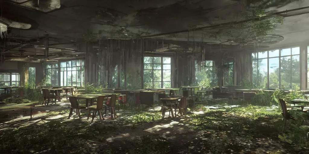 Prompt: interior, abandoned diner, photorealistic, vegetation, overgrowth, cinematic lighting, global illumination, unreal engine 5, screenshot from the last of us part 2
