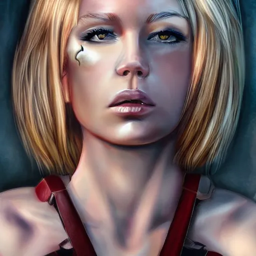 Image similar to a beautiful blond cyborg girl