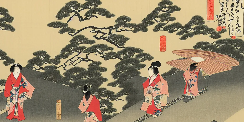 Prompt: a japanese woman is walking in kyoto by katsushika oi