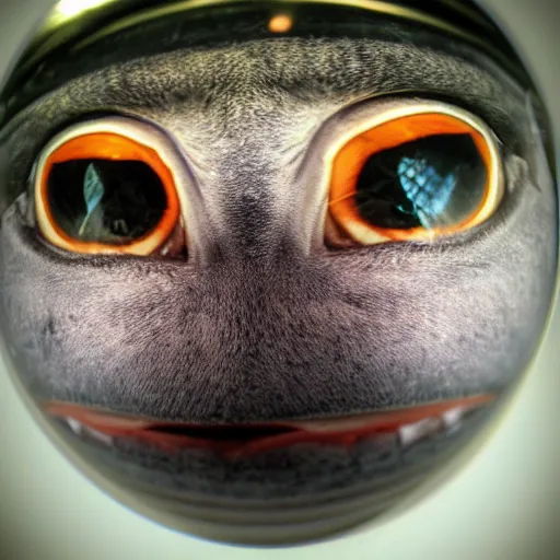 Image similar to Fisheye lens photo of close up of Evil Bert's evil looking face