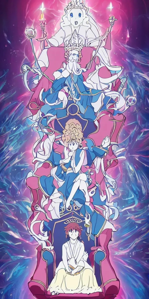 Image similar to a spiritual guru sitting on a throne of ice drawn by studio trigger, in the style of Little Witch Academia, spiritual enlightenment, tradition, conformity, morality, ethics