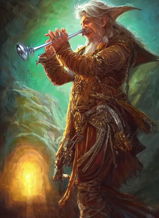 Prompt: bard playing trumpet, ultra detailed fantasy, dndbeyond, bright, colourful, realistic, dnd character portrait, full body, pathfinder, pinterest, art by ralph horsley, dnd, rpg, lotr game design fanart by concept art, behance hd, artstation, deviantart, hdr render in unreal engine 5