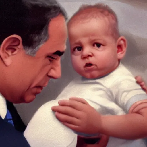 Image similar to benjamin netanyahu as a baby being breast fed by yair lapid. digital painting, high detail, 8 k, film still