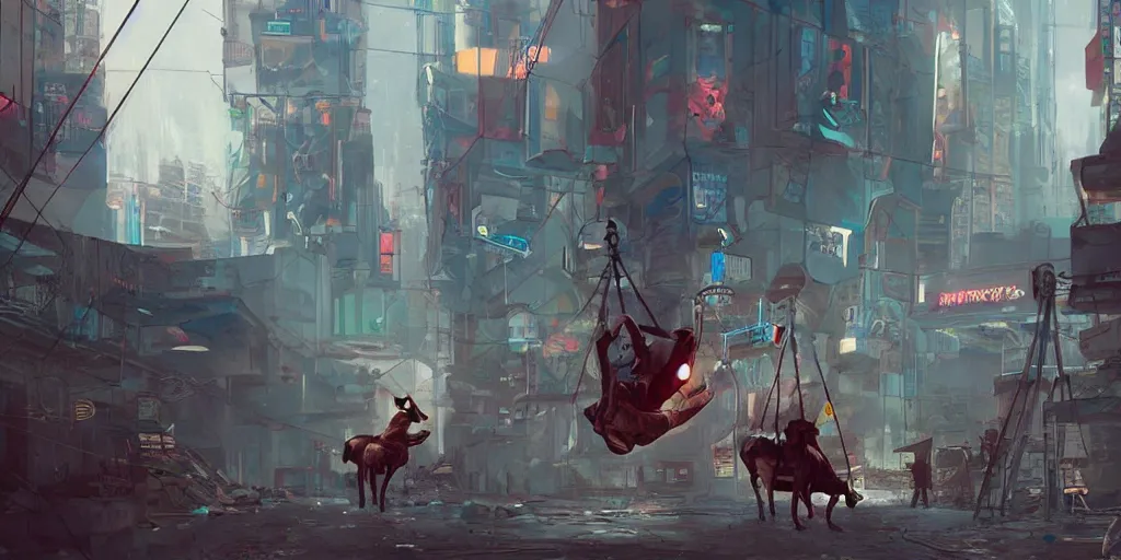 Prompt: donkey riding a playground swing in a cyberpunk dystopian city at day, artstation