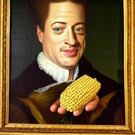 Image similar to a 1 6 0 0 s portrait painting of brendan fraser holding corn, intricate, elegant, highly detailed