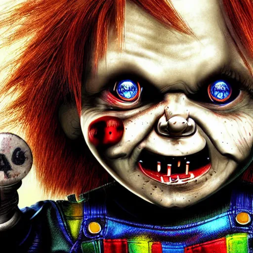 Image similar to chucky the doll and jigsaw digital art 4 k detailed super realistic