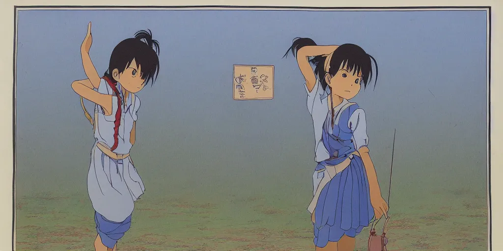 Image similar to sri lankan school girl, drawn by hayao miyazaki, rule of thirds