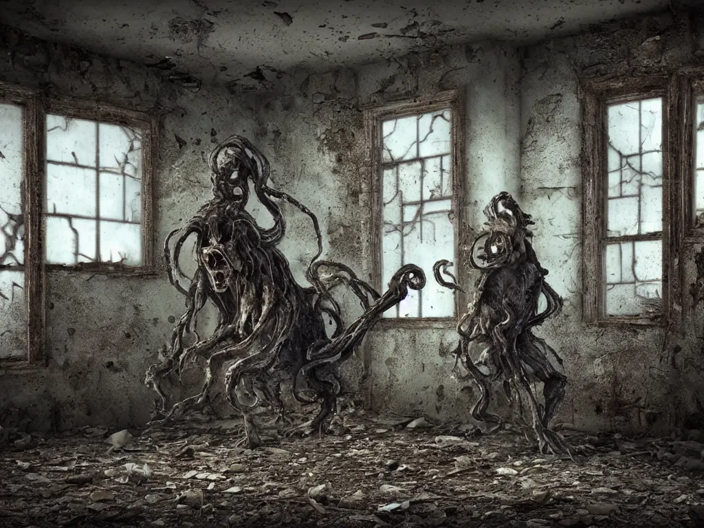 Image similar to mutant hunchback creature lurking in the corner of a room in an abandoned building, color photograph, realistic, dirty windows, debris, tentacle beast, dust, bleak apocalyptic style, creepypasta, ominous vibe, sharp fangs