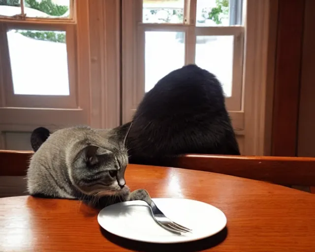 Prompt: annoyed cat waiting for food at the dinner table