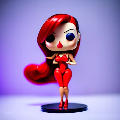 Prompt: Funko Pop doll of Jessica Rabbit taken in a light box with studio lighting, some background blur