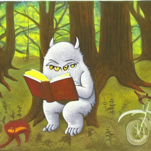 Image similar to monster reading a book in a forest, where the wild things are, bicycle nearby, oil on canvas, calm, maurice sendak