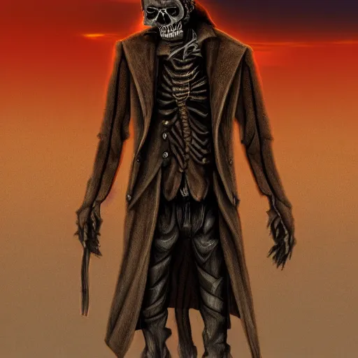 Image similar to a wounded skeleton cowboy in a long coat watching a sunset, concept art, DeviantArt, art station, illustration, highly detailed, artwork, cinematic, hyper realistic