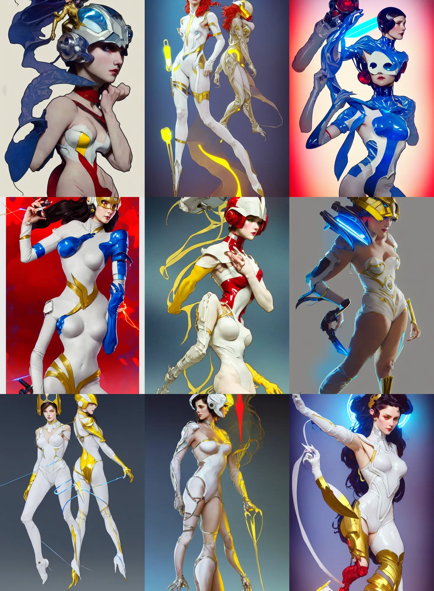 Prompt: a full body character design by artgerm, greg rutkowski and alphonse mucha. sci - fi dagger. laser white and yellow tape and red translucent plastic tape project show attctive showgirl!! sci - fi helmet electric blue eyes!! sharp edges. contour light effect!! ultra detailed, elegant, intricate, octane render.