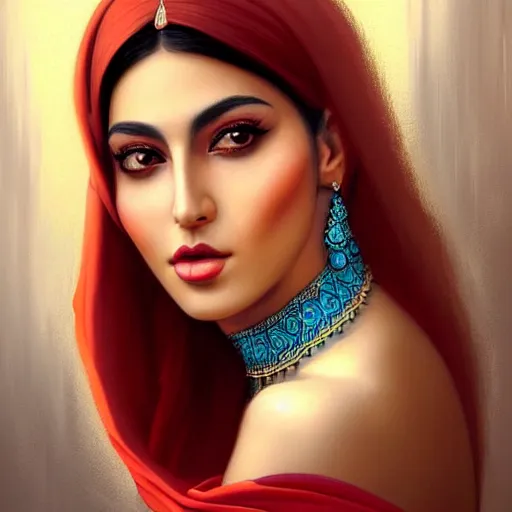 Prompt: Beautiful portrait of a Persian Princess who is an architect, beautiful princess, face painting, architecture, persian style architecture, beautiful body, attractive, babe, dramatic lighting, intricate, wild, highly detailed, digital painting, artstation, concept art, smooth, sharp focus, illustration, black+velvet+red+Turquoise, dark, art by artgerm and greg rutkowski and alphonse mucha, footage from space camera