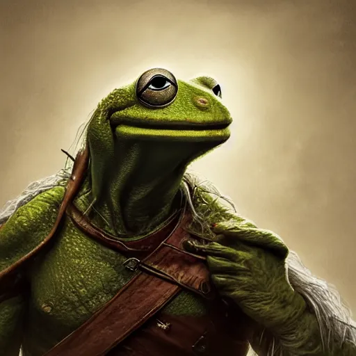 Image similar to Epic Masterpiece head and shoulders portrait of Kermit the frog as Geralt in the Witcher 3 Wild Hunt drawn by Donato Giancola and Tom Bagshaw, Edmund Leighton, Alphonse Mucha, background out of focus tavern, 4k, volumetric lighting, komorebi, trending on artstation, octane render, hyperrealistic