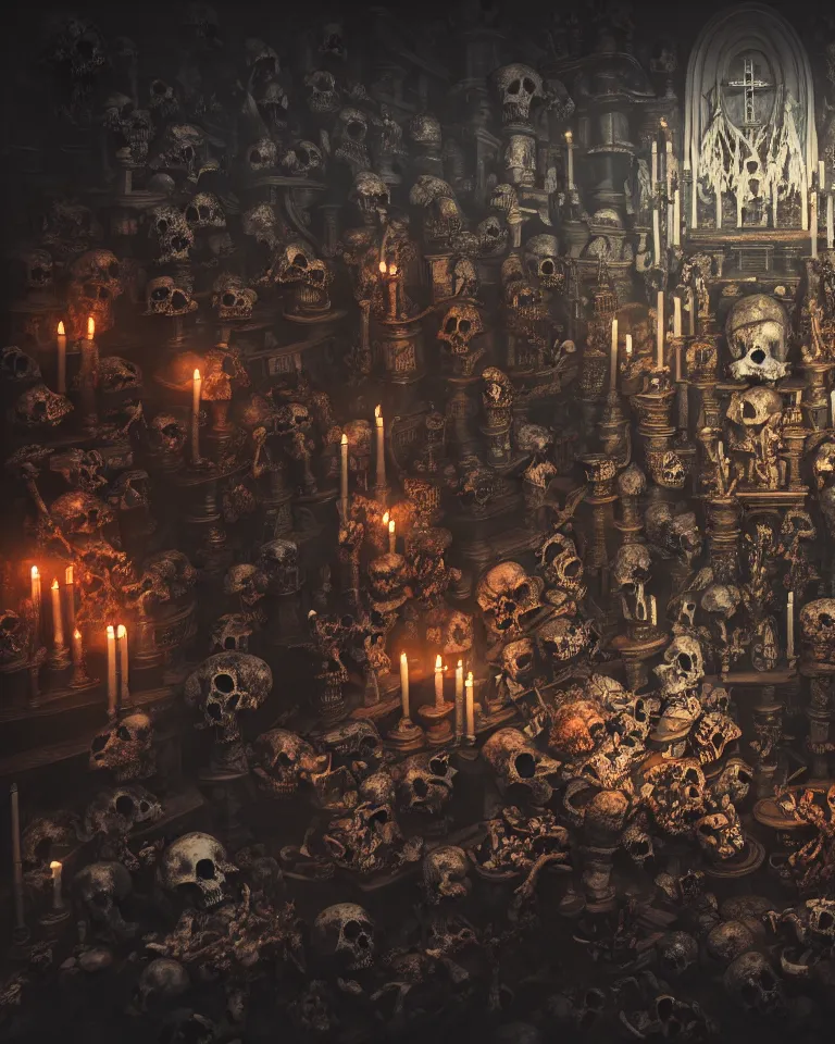 Image similar to full color, low ultrawide interior shot of sedlec ossuary, bones, anime style mixed with fujifilm, dark, foggy, atmospheric, artstation, cgsociety, octane render, cgi, denoise, detailed, cinematic masterpiece