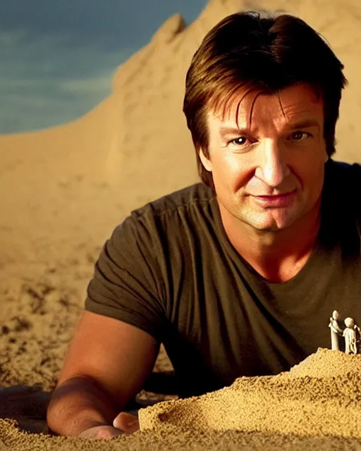 Image similar to nathan fillion as a sandcastle, beautiful composition, cinematic lighting