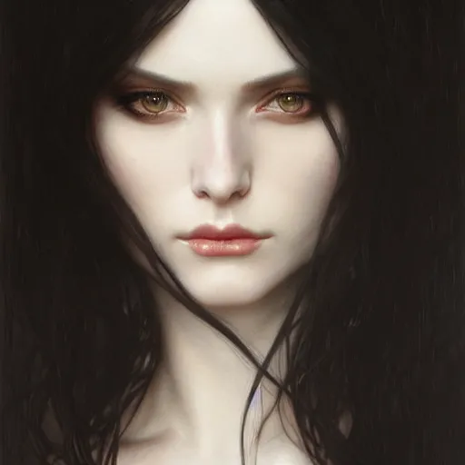 Prompt: Portrait of a beautiful, pale skin, female with long black hair, dark, piercing eyes, elegant clothing, photorealistic, highly detailed, artstation, smooth, sharp focus, art by Klimt, artgerm, Greg Rutkowski and Alphonse Mucha