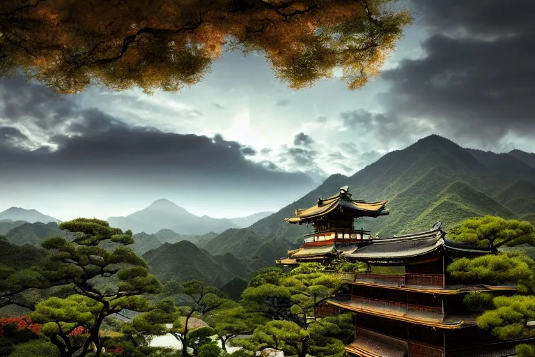 Prompt: Old japanese architecture in a Japanese valley, dramatic sky, green mountains with snow peaks, digital art, 4k, 8k, trending on ArtStation