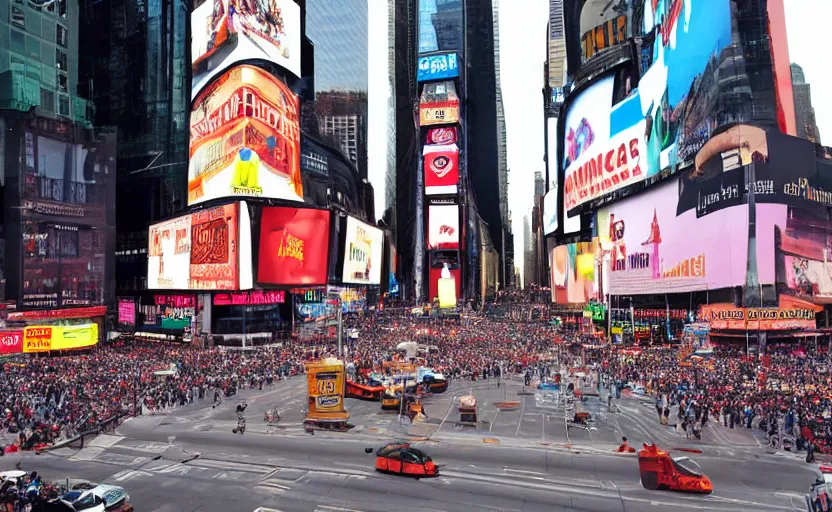 Image similar to a photo of a giant hamburger in the middle of the street in times square,