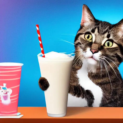 Prompt: a cat drinking a milkshake on the moon, high detail, vivid, portrait, great detail, 8 k, 4 k uhd, high definition, realistic