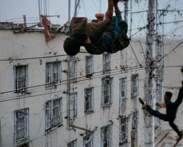 Image similar to lomo photo of roofjumpers climbing on roof of soviet hrushevka, small town, cinestill, bokeh, out of focus