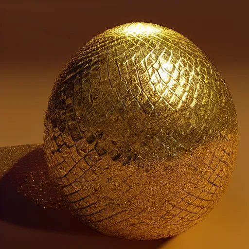 Image similar to glowing metallic dragon scale egg sitting on a nest of gold objects, photorealistic, symmetrical, unreal engine