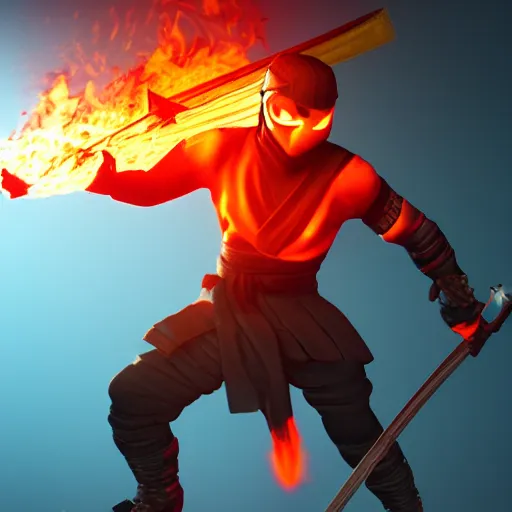 Image similar to a ninja with a sword in a fire background, 3 d render octane, trending on artstation