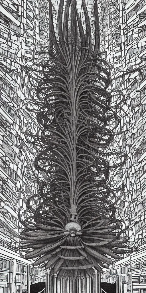 Image similar to colossal Beelzebub flower in the middle of post soviet constructivist cityscape, Stalinist architecture, brutalist architecture, ultradetailed, Intricate by James Jean and MC Esher and H.R. Giger