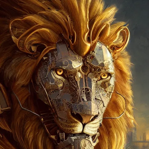 Prompt: a biomechanical lion made of scrap metal, cyberpunk, macro, intricate, elegant, highly detailed, digital painting, artstation, biolusence, concept art, sharp focus, art by artgerm and greg rutkowski and alphonse mucha, 8 k