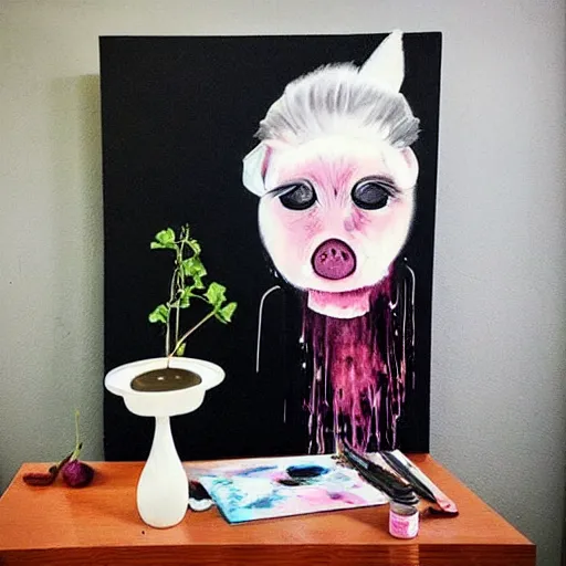 Image similar to “ a portrait in a female art student ’ s apartment, sensual, a pig theme, art supplies, paint tubes, ikebana, herbs, a candle dripping white wax, black walls, squashed berries, berry juice drips, acrylic and spray paint and oilstick on canvas, surrealism, neoexpressionism ”