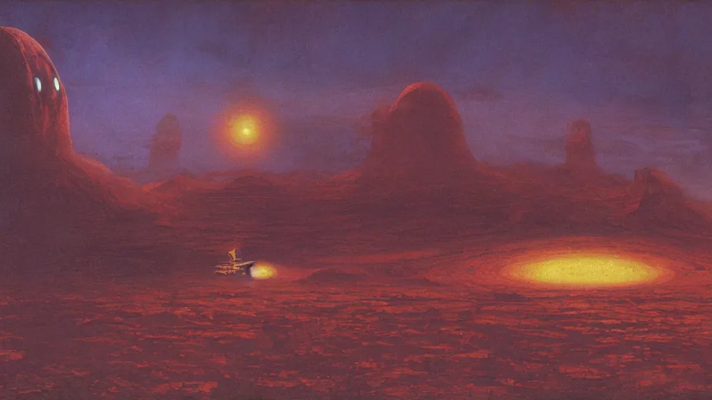 Prompt: otherworldly atmosphere of the first spaceship on venus by arthur haas and bruce pennington and john schoenherr, cinematic matte painting