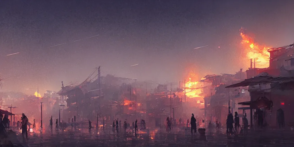 Prompt: ancient byzantine tang dynasty, meteor shower on burning streets by makoto shinkai, greg rutkowski, artstation, high detailed, cgsociety