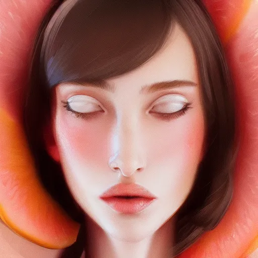 Prompt: vogue magazine, elle magazine, inside a large fruit peach slice, anime korean natalie portman face, ilya kuvshinov, greg rutkowski, john singer sargent, anime, trending on artstation, intricate