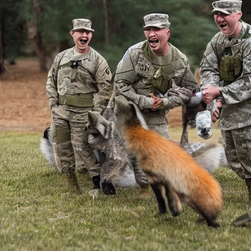 Prompt: a group of fox animals dressed in modern american military soldier uniforms, laughing at a computer, 8 5 mm f / 1. 4