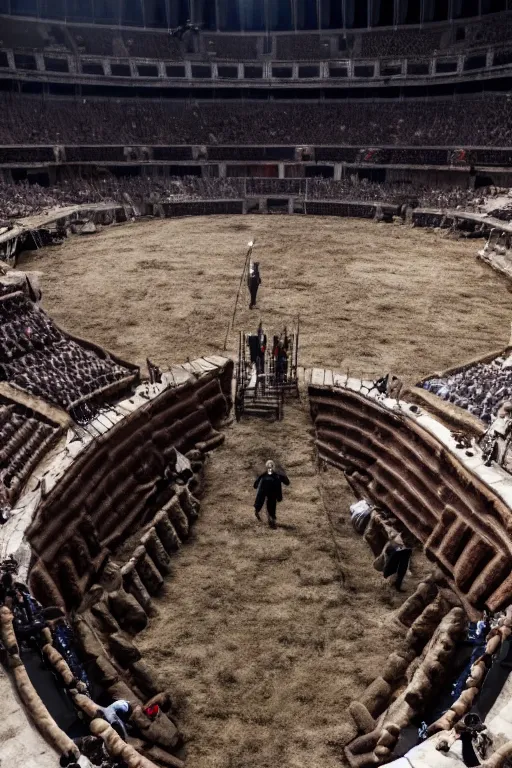 Image similar to putin vs joe biden inside a gladiator arena, 4 k, high res, movie still