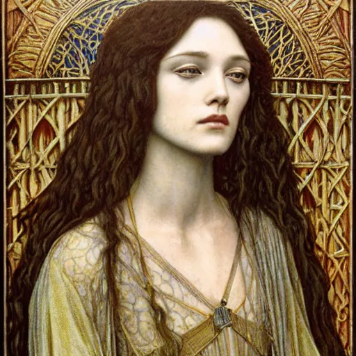 Image similar to detailed realistic beautiful young medieval queen face portrait by jean delville and tony diterlizzi, art nouveau, symbolist, visionary, gothic, pre - raphaelite