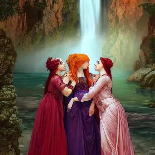 Image similar to a highly detailed byzantine painting of three sultry red haired vampire queens sharing a soft kiss under a waterfall in a gossamer purple dress, epic fantasy, viewed in profile from far away, ultrawide lens, art by artgerm and greg rutkowski and alphonse mucha, volumetric lighting, 4 k resolution, trending on artstation, masterpiece