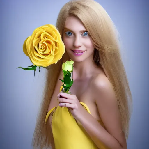 Prompt: long blonde haired woman wearing white clothes holding a yellow rose, highly detailed, 4k