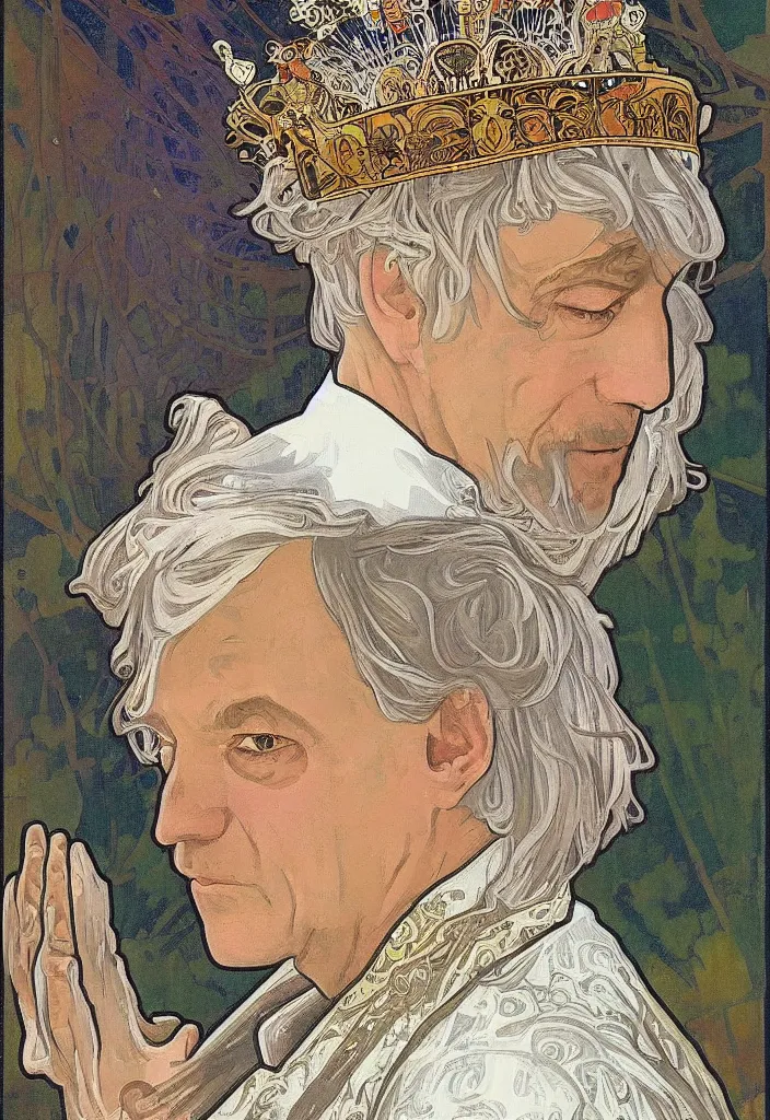 Image similar to realistic white - haired geoffrey hinton in a crown with neural networks on a tarot card, tarot in art style by alphonse mucha