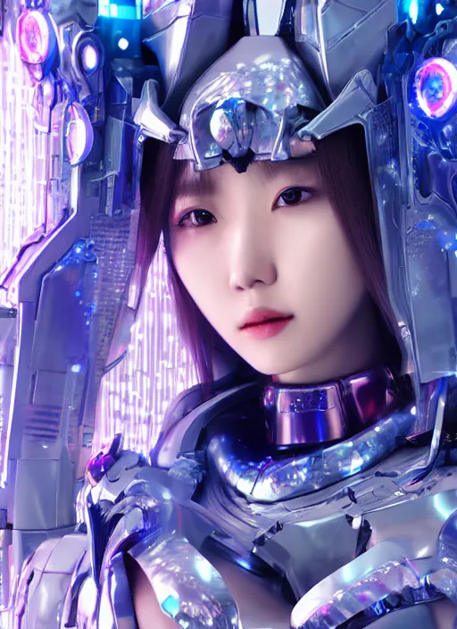 Image similar to a highly detailed portrait of a kpop idol mecha lady in spiked cyberpunk bioarmor trending on artstation by yoshitake amano, holographic undertones, 3 d cg, octane rendered, futuristic, 2 k aesthetic, dramatic lighting, 4 k