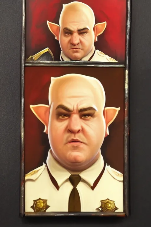 Image similar to high elf mall cop with a sheriff's badge that is fat, shifty, and incompetent, RPG portrait from the chest up, Oil Painting, dramatic lighting, renaissance