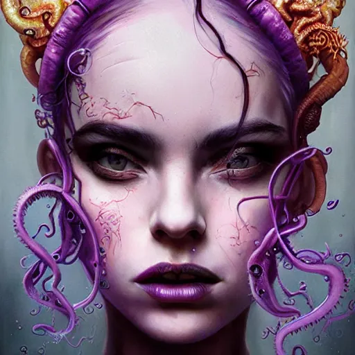 Image similar to art portrait of a furious girl with purple tentacles on her head, 8 k, by tristan eaton, stanley artgermm, tom bagshaw, greg rutkowski, carne griffiths, trending on deviantart, face enhance, hyper detailed, full of colour,