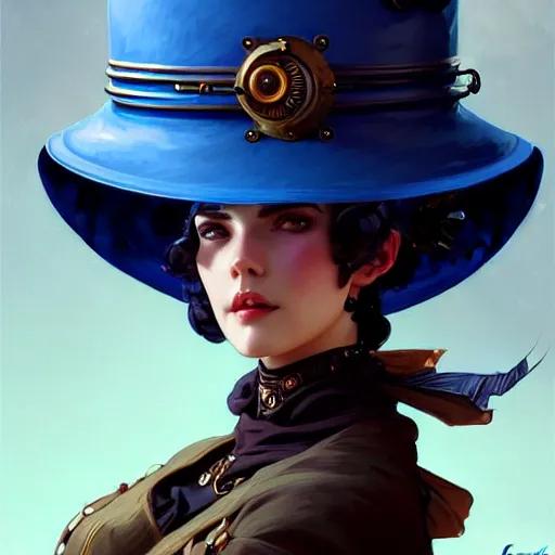 Prompt: a cinematic portrait scene female steampunk girl with a big hat, blue background, intricate, elegant, highly detailed, digital painting, artstation, concept art, smooth, sharp focus, illustration, art by artgerm and greg rutkowski and alphonse mucha