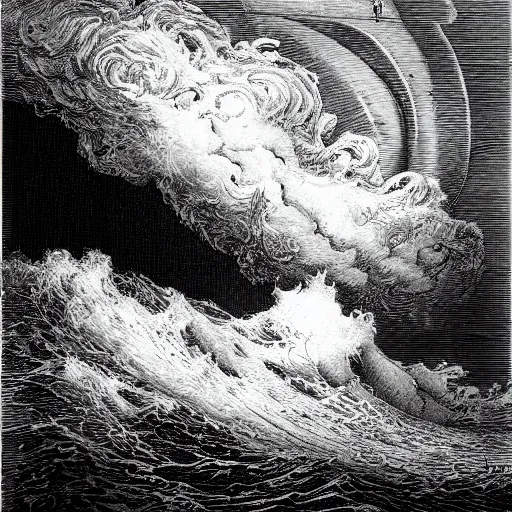 Image similar to a traditional portait of cthulhu, small town, night, soaring waves, clouds, illustration by Gustave Doré