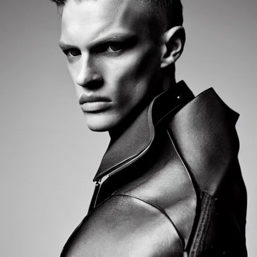 Image similar to a editorial photo of a male model wearing a designer medieval cropped leather menswear jacket by alexander mcqueen