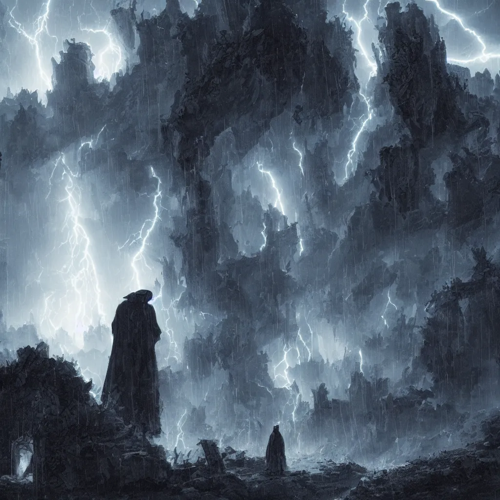 Image similar to a still of a cloaked figure standing in the ruins of crux prime, monastery, there is lightning, blue fiery maelstrom in the distance, it is raining, digital art, artstationhq