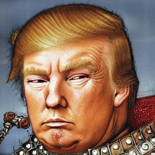 Image similar to donald trump wearing knights armor, donald trump holding a crazy broadsword, donald trump ’ s highly detailed face, by hans holbein