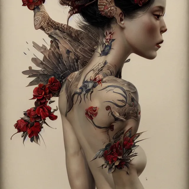 Prompt: ultra realistic illustration, beautiful woman dressed in a scarlet kimono, backview, tattoos, in the style of peter mohrbacher by weta digital and beth cavener, high face symmetry, intricate, masterpiece, award winning, high face symmetry, intricate